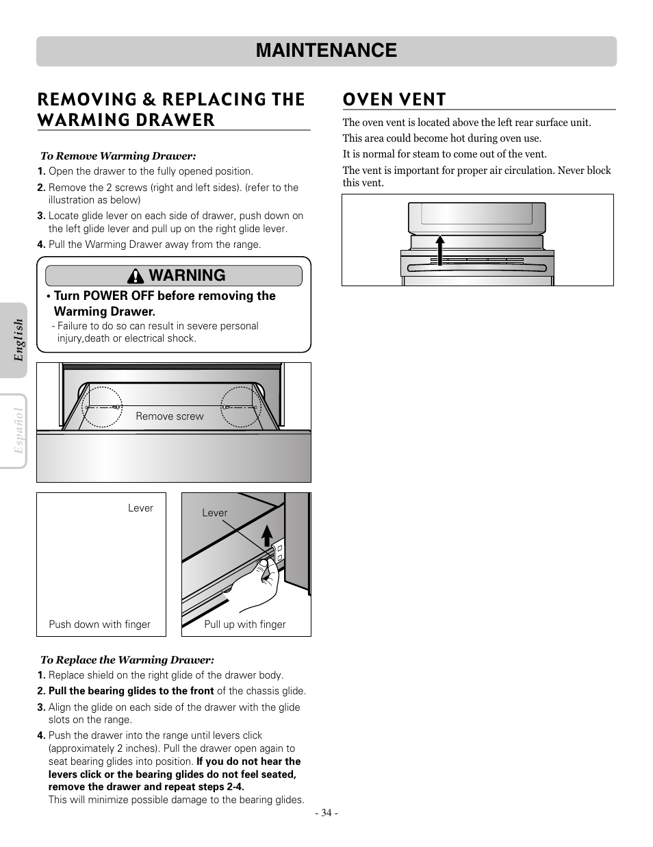 Maintenance, Removing & replacing the warming drawer, Warning | LG LRE30955ST User Manual | Page 34 / 44