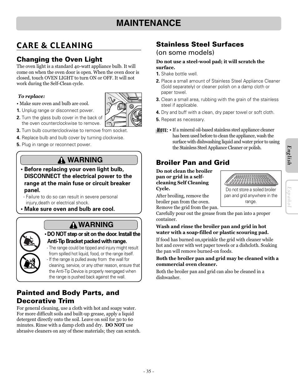 Maintenance, Care & cleaning, Warning | Changing the oven light, Painted and body parts, and decorative trim, Broiler pan and grid, Stainless steel surfaces (on some models) | LG LRE30955ST User Manual | Page 35 / 44