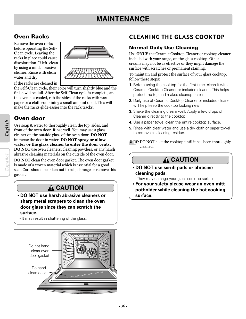Maintenance, Caution, Oven door | Oven racks, Cleaning the glass cooktop | LG LRE30955ST User Manual | Page 36 / 44