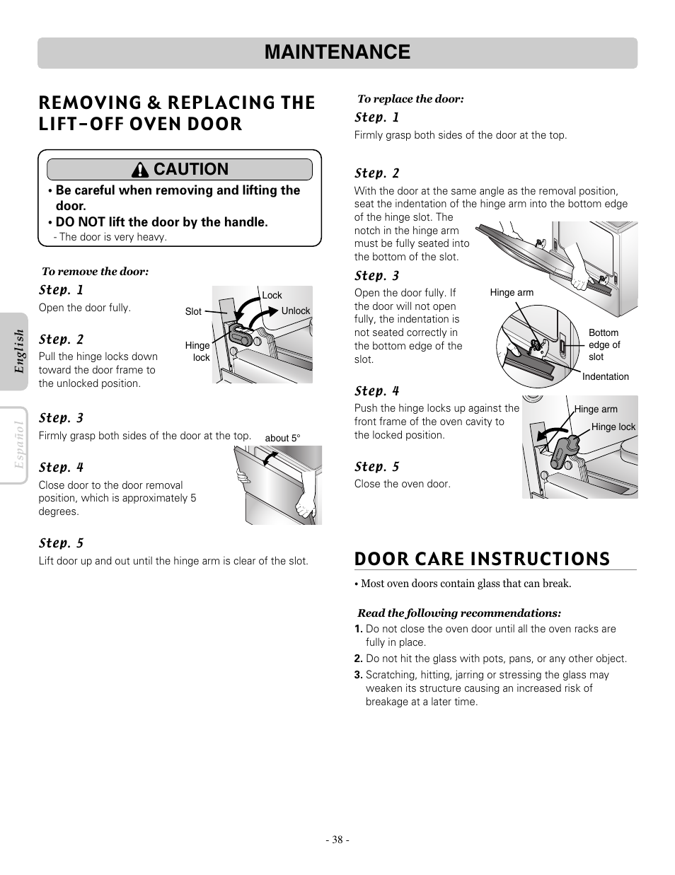 Maintenance, Removing & replacing the lift-off oven door, Door care instructions | Caution | LG LRE30955ST User Manual | Page 38 / 44
