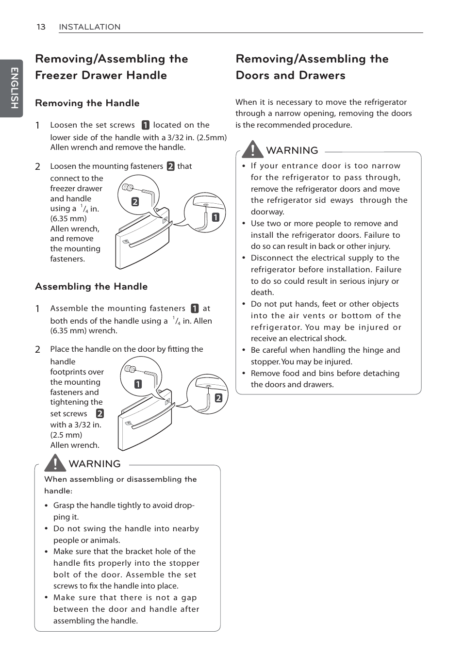 Removing/assembling the freezer drawer handle, Removing/assembling the doors and drawers, Removing the handle 1 | Assembling the handle 1, Warning, English | LG LFC24770ST User Manual | Page 13 / 46