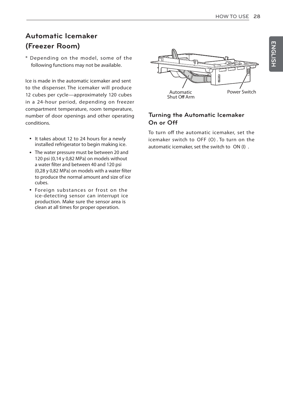 Automatic icemaker (freezer room), Turning the automatic icemaker on or off, English | LG LFC24770ST User Manual | Page 28 / 46