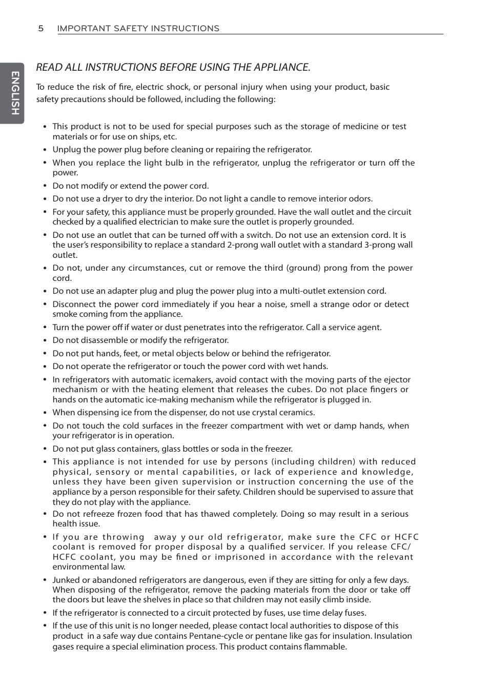 Read all instructions before using the appliance, English | LG LFC24770ST User Manual | Page 5 / 46