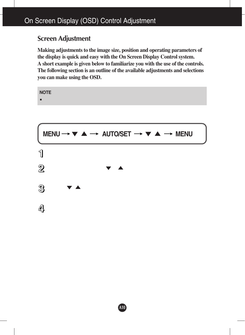 On screen display (osd) control adjustment, Screen adjustment, Auto/set menu menu | LG W2242P-BS User Manual | Page 11 / 26