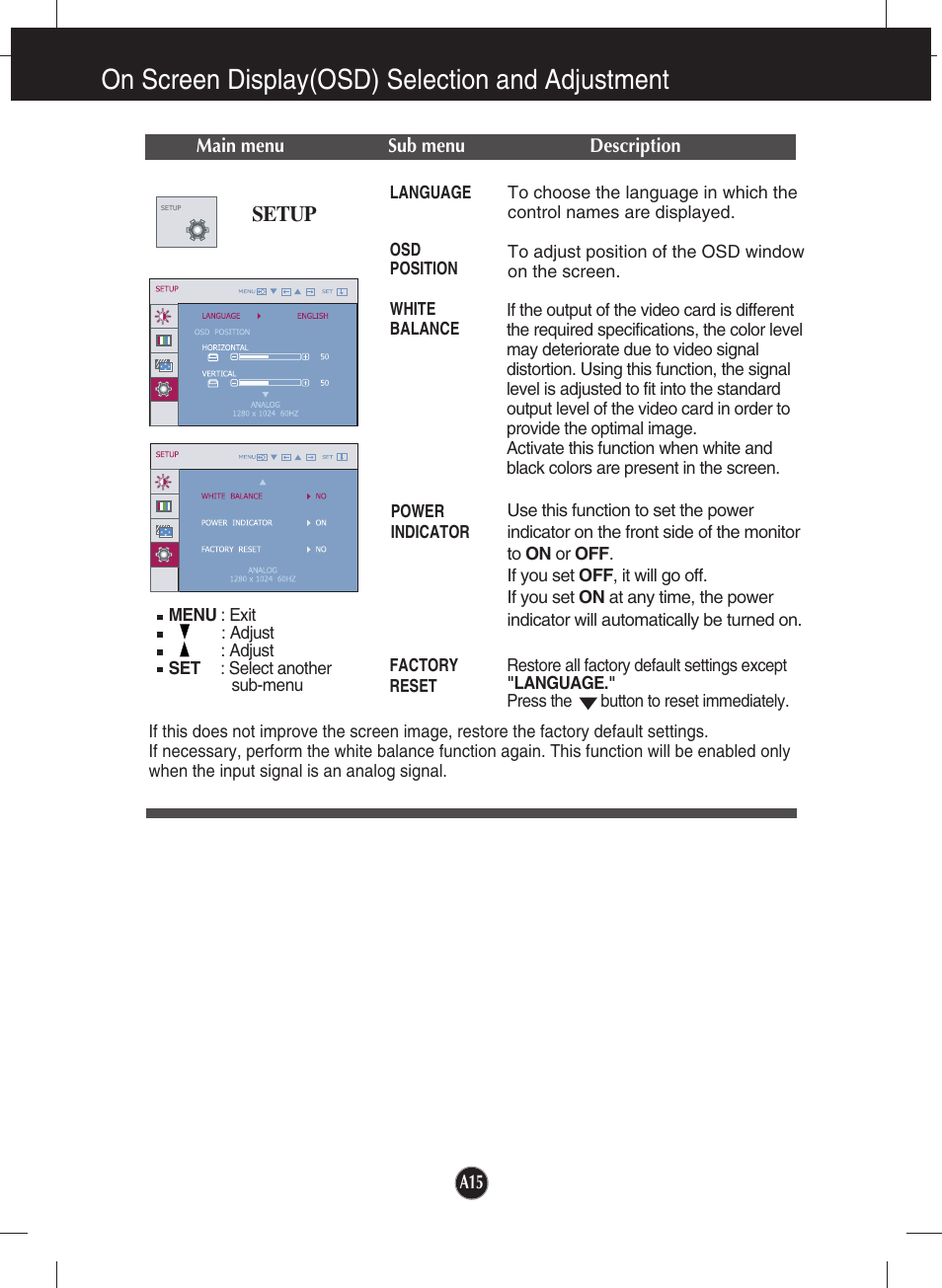 Setup, On screen display(osd) selection and adjustment | LG W2242P-BS User Manual | Page 16 / 26