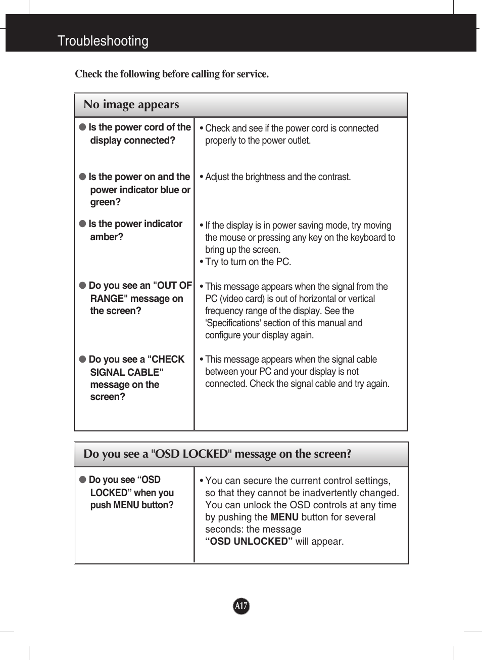 Troubleshooting, No image appears, Do you see a "osd locked" message on the screen | LG W2242P-BS User Manual | Page 18 / 26