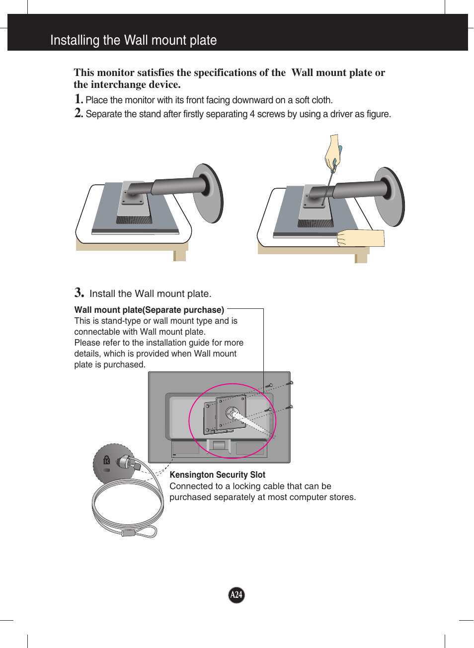 Installing the wall mount plate | LG W2242P-BS User Manual | Page 25 / 26