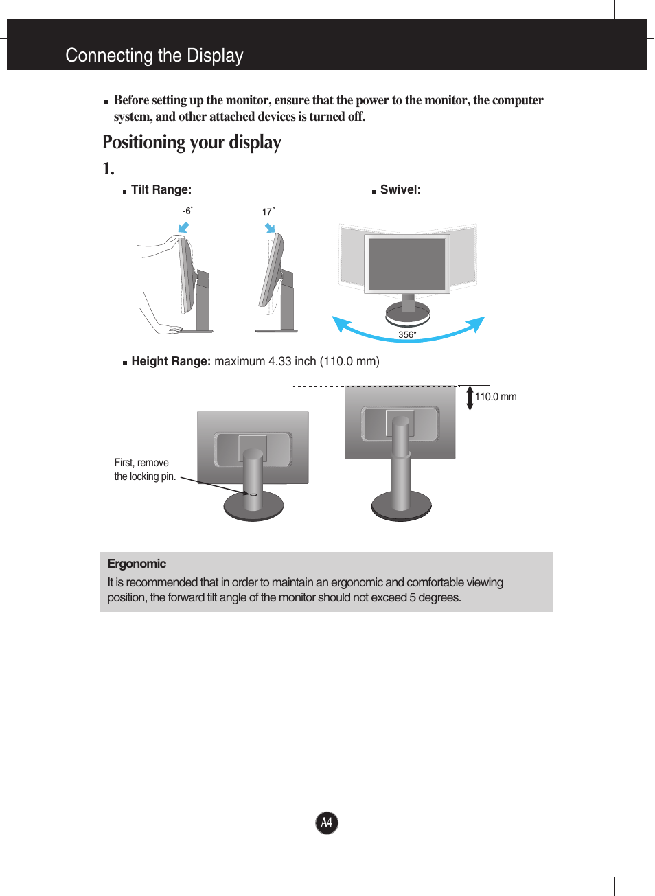 Positioning your display, Connecting the display | LG W2242P-BS User Manual | Page 5 / 26