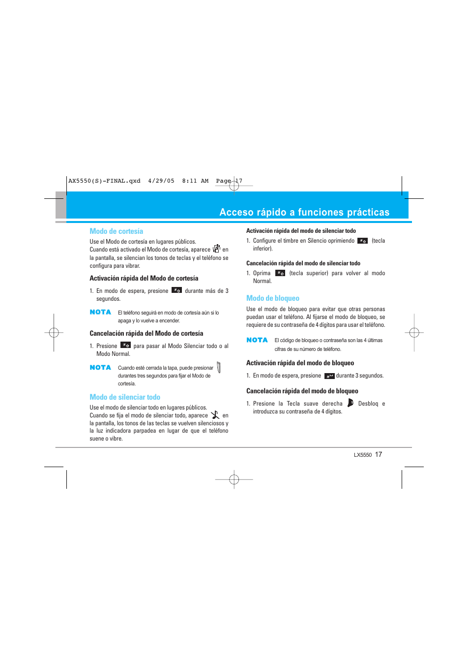 Acceso rápido a funciones prácticas, Modo de cortesía, Modo de silenciar todo | Modo de bloqueo | LG LGAX5550 User Manual | Page 104 / 174