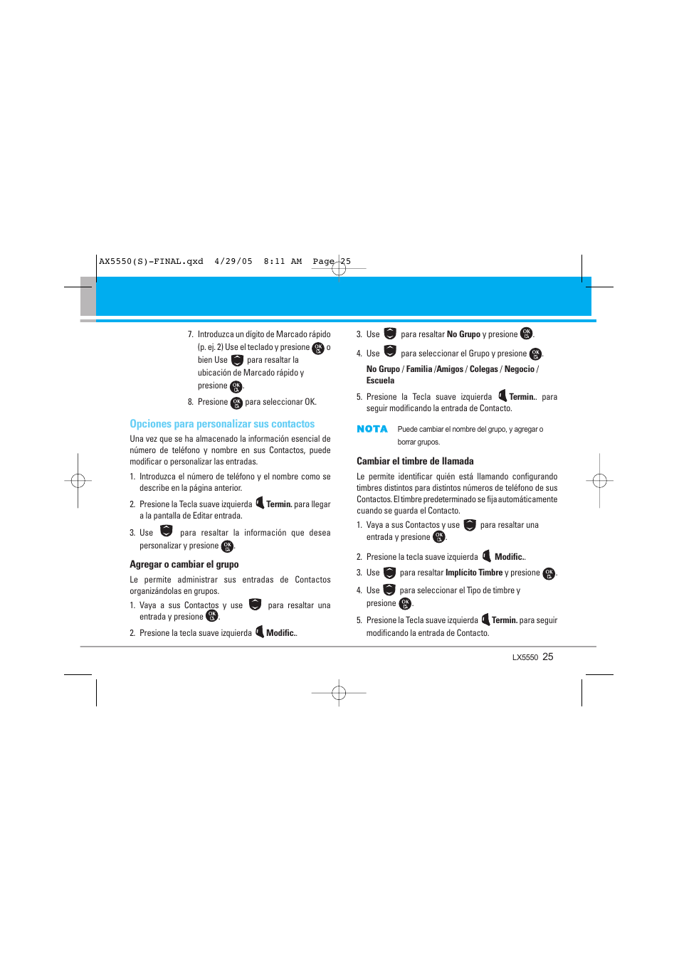 Opciones para personalizar sus contactos | LG LGAX5550 User Manual | Page 112 / 174