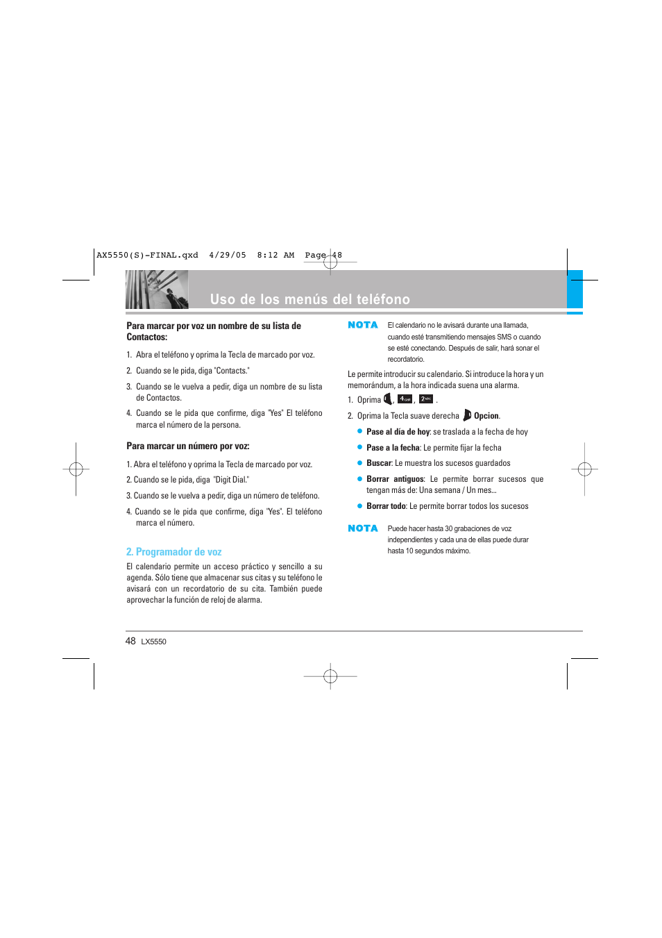 Uso de los menús del teléfono, Programador de voz | LG LGAX5550 User Manual | Page 135 / 174