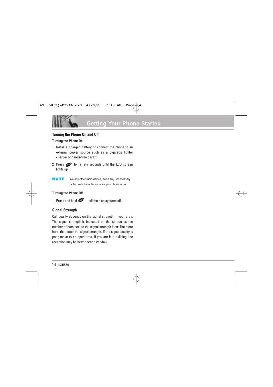 Getting your phone started | LG LGAX5550 User Manual | Page 14 / 174