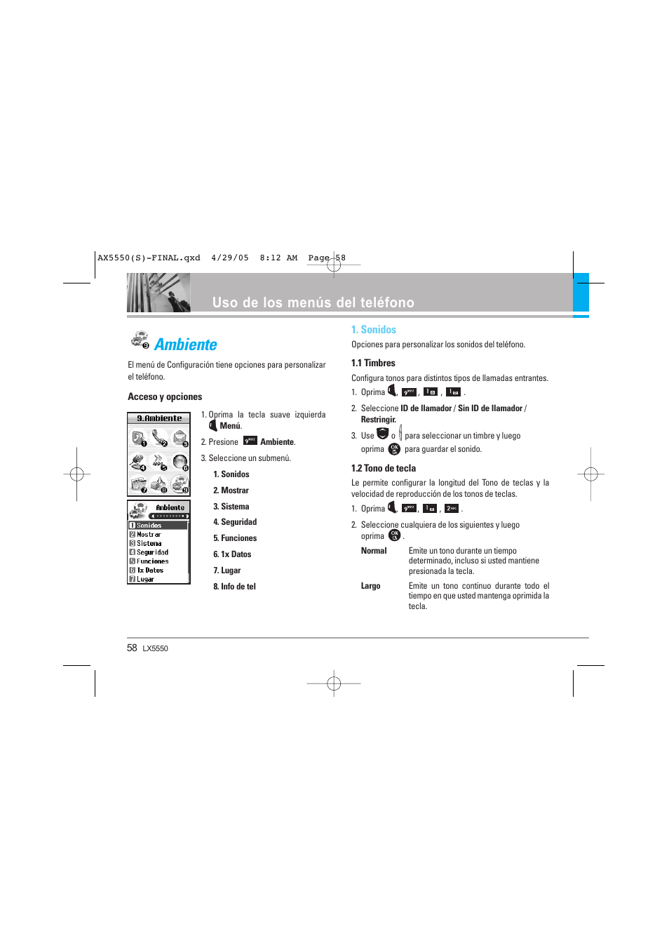 Ambiente, Uso de los menús del teléfono | LG LGAX5550 User Manual | Page 145 / 174