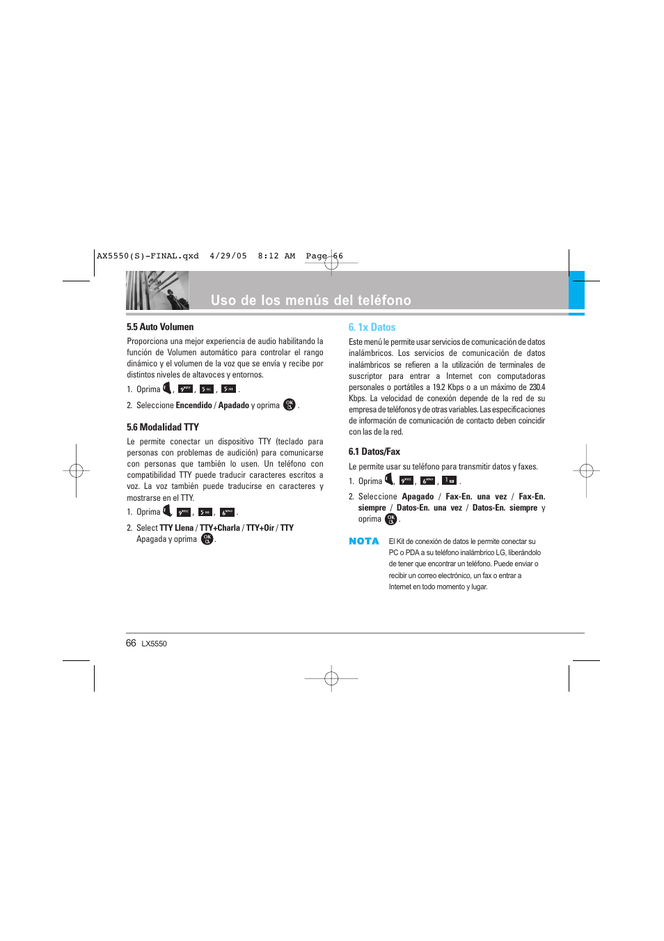 Uso de los menús del teléfono, 1x datos | LG LGAX5550 User Manual | Page 153 / 174