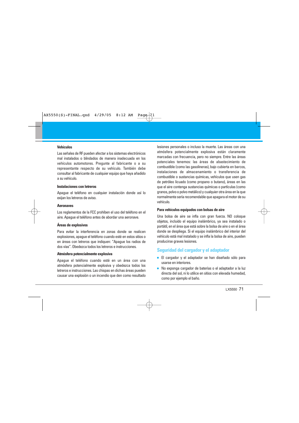 Seguridad del cargador y el adaptador | LG LGAX5550 User Manual | Page 158 / 174