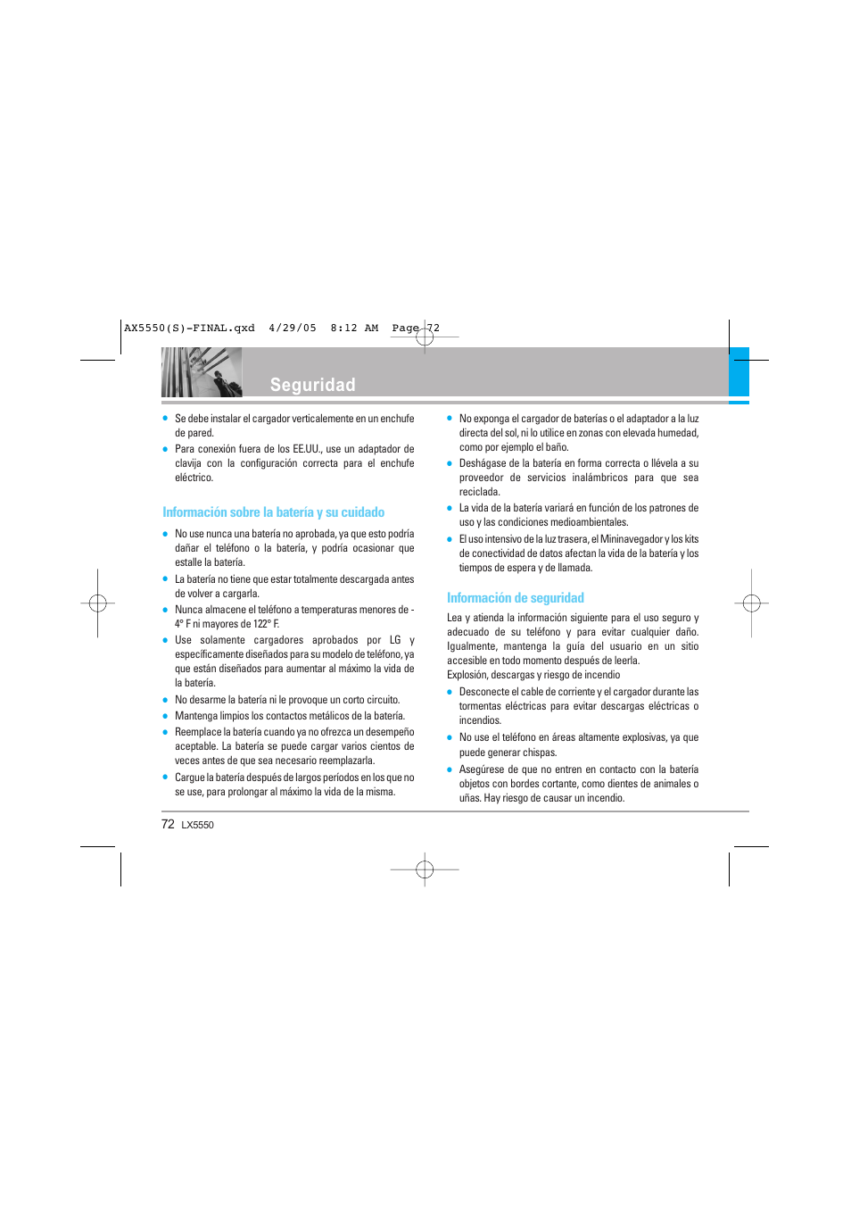 Seguridad, Información sobre la batería y su cuidado, Información de seguridad | LG LGAX5550 User Manual | Page 159 / 174