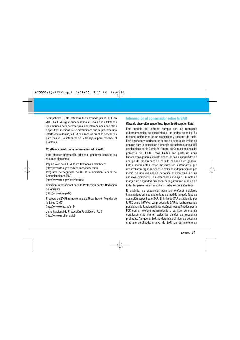 Información al consumidor sobre la sar | LG LGAX5550 User Manual | Page 168 / 174