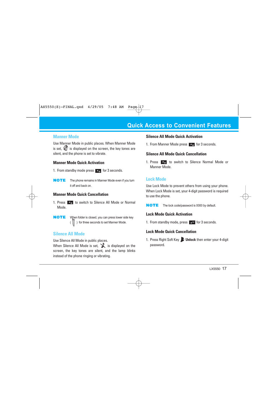 Quick access to convenient features, Manner mode, Silence all mode | Lock mode | LG LGAX5550 User Manual | Page 17 / 174