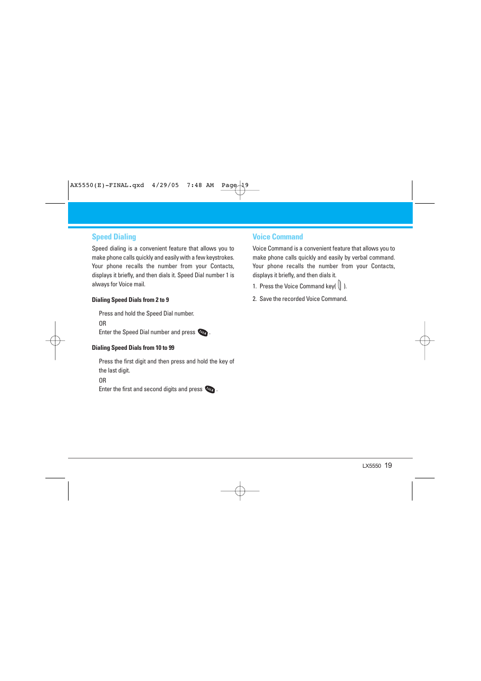 Speed dialing, Voice command | LG LGAX5550 User Manual | Page 19 / 174