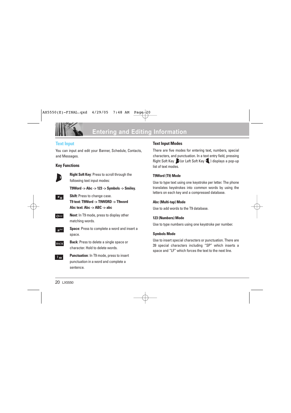 Entering and editing information, Text input | LG LGAX5550 User Manual | Page 20 / 174