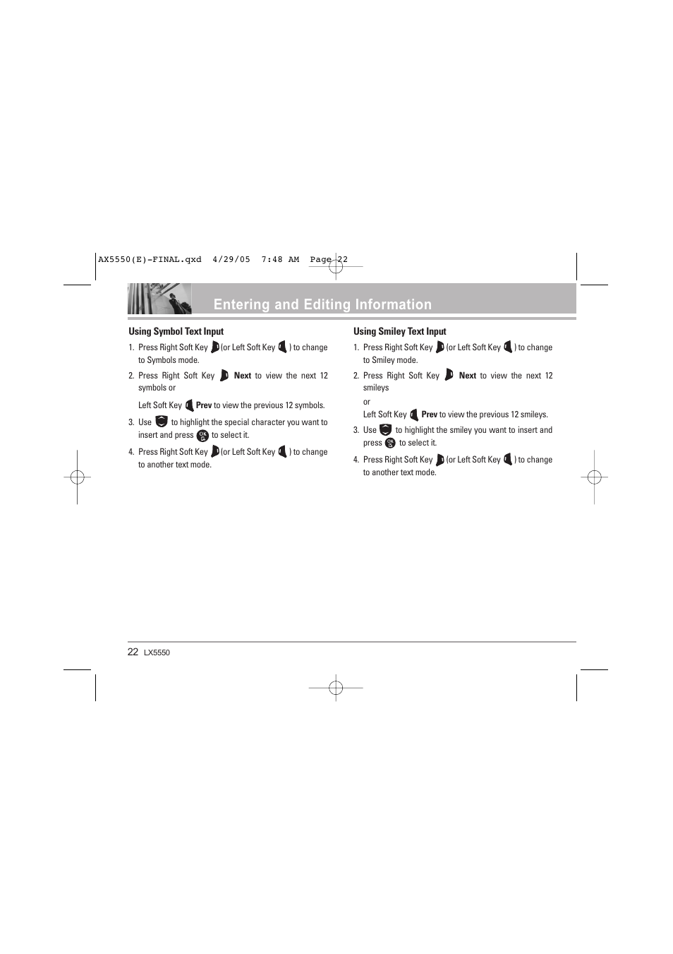 Entering and editing information | LG LGAX5550 User Manual | Page 22 / 174