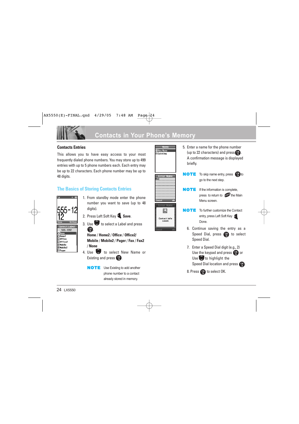 The basics of storing contacts entries | LG LGAX5550 User Manual | Page 24 / 174