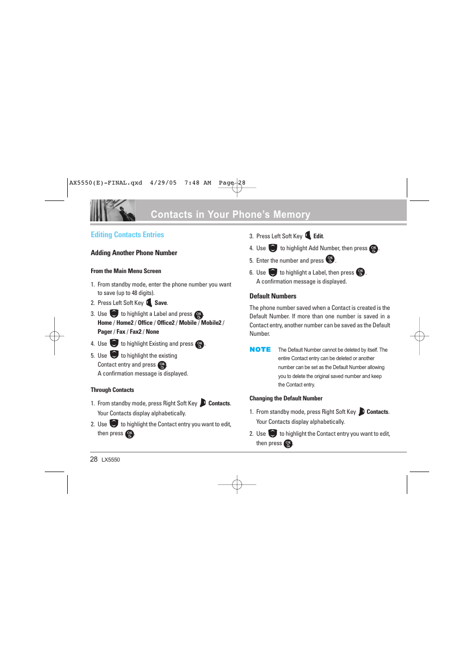 Editing contacts entries | LG LGAX5550 User Manual | Page 28 / 174