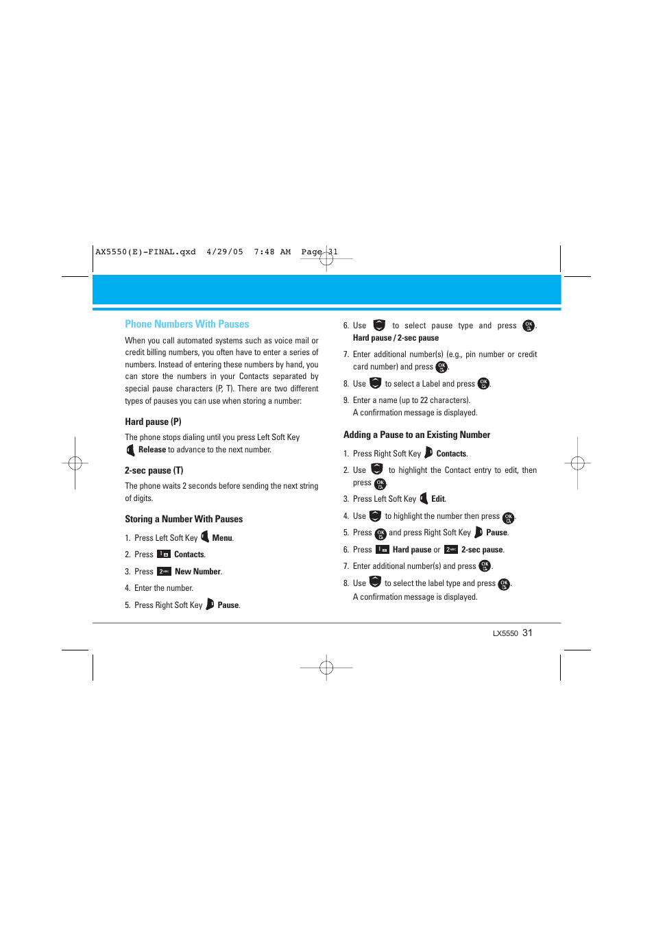 Phone numbers with pauses | LG LGAX5550 User Manual | Page 31 / 174