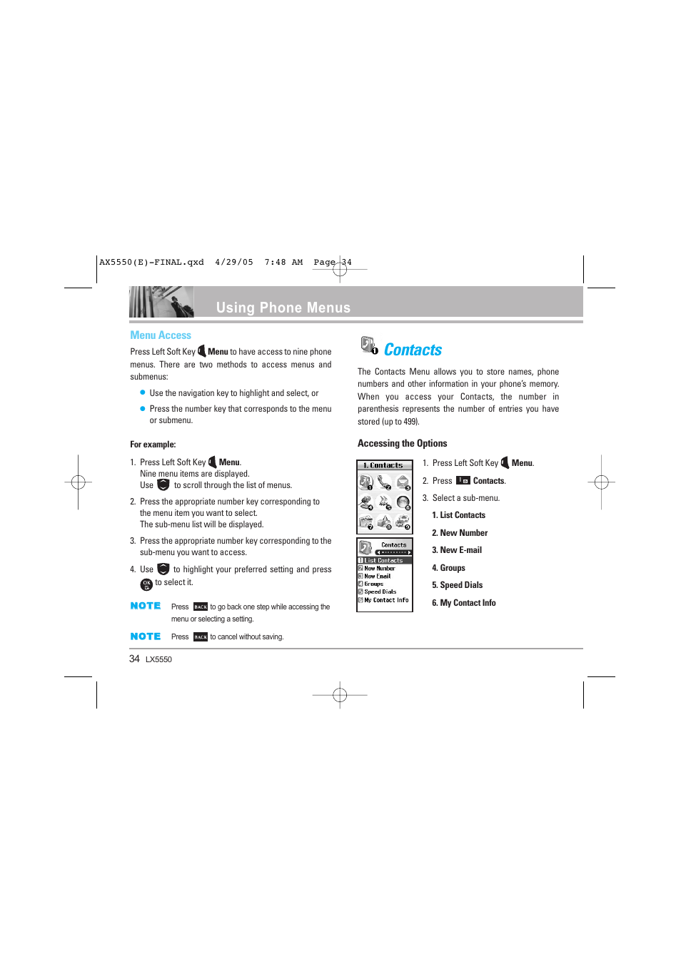 Contacts, Using phone menus, Menu access | LG LGAX5550 User Manual | Page 34 / 174