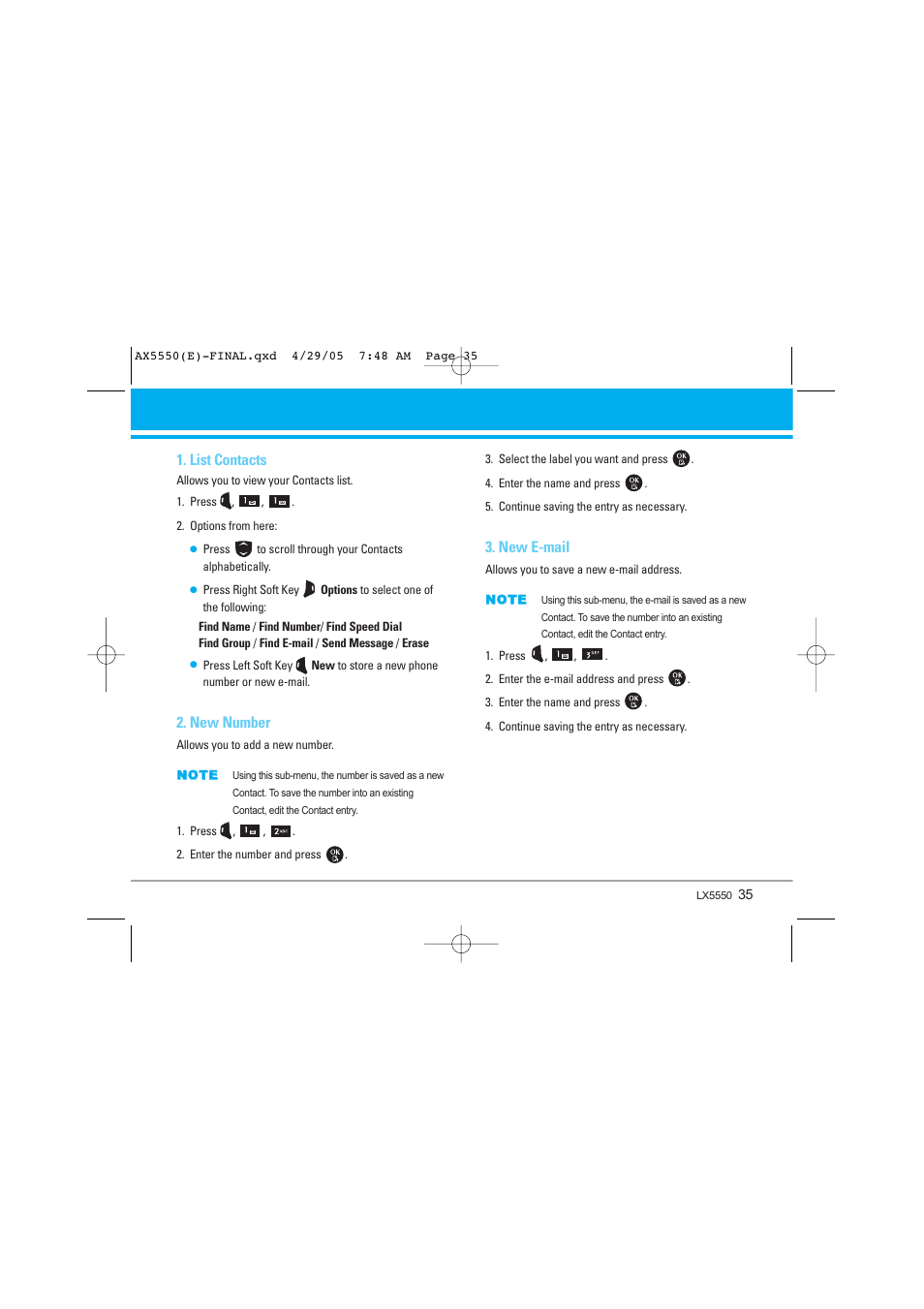 List contacts, New number, New e-mail | LG LGAX5550 User Manual | Page 35 / 174