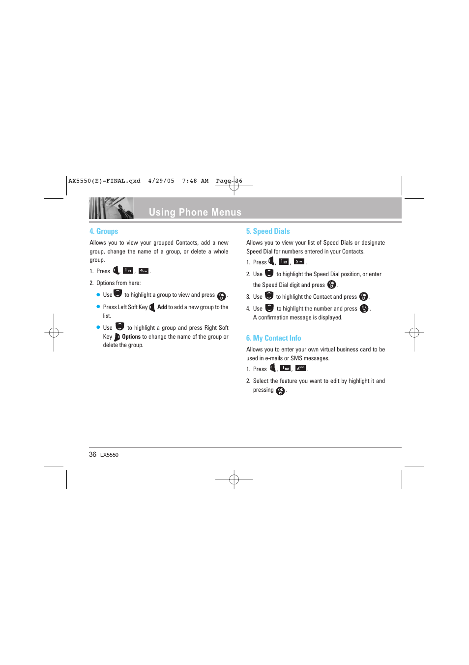 Using phone menus, Groups, Speed dials | My contact info | LG LGAX5550 User Manual | Page 36 / 174