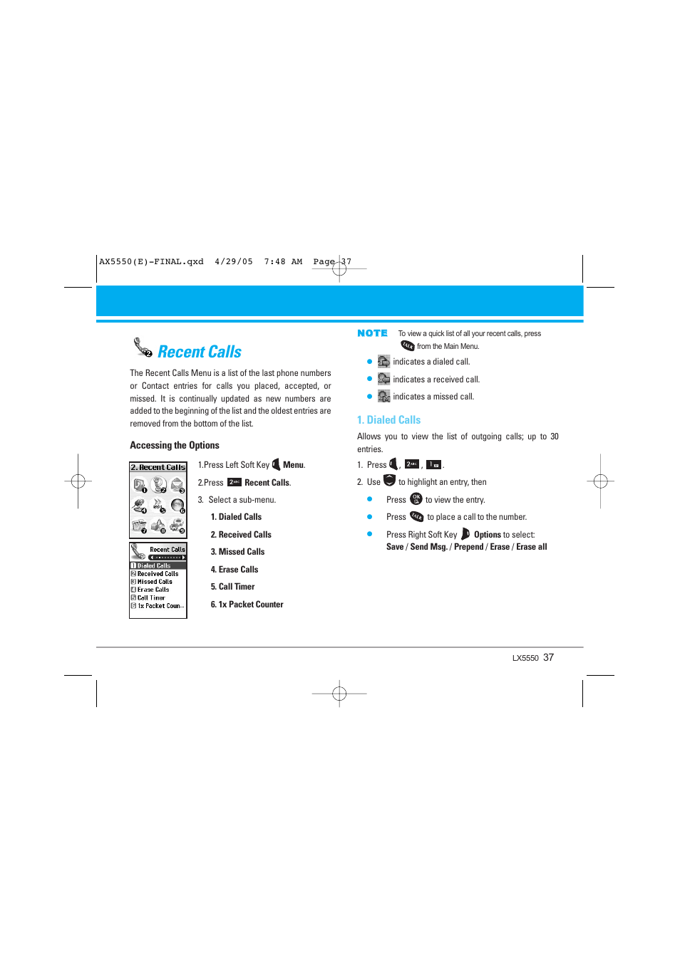 Recent calls, Dialed calls | LG LGAX5550 User Manual | Page 37 / 174