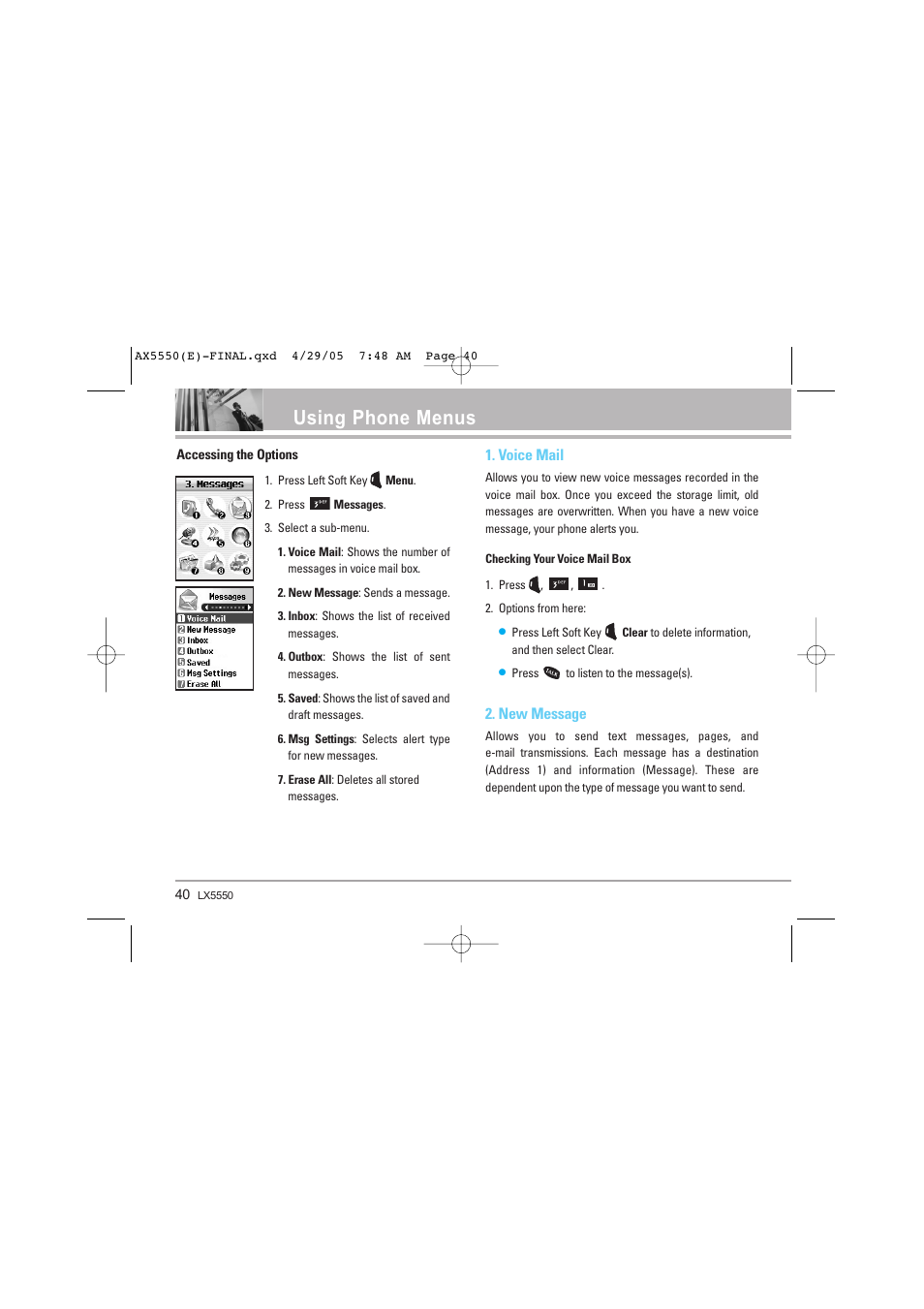 Using phone menus, Voice mail, New message | LG LGAX5550 User Manual | Page 40 / 174