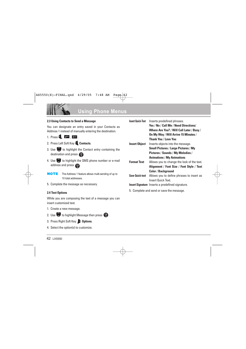 Using phone menus | LG LGAX5550 User Manual | Page 42 / 174