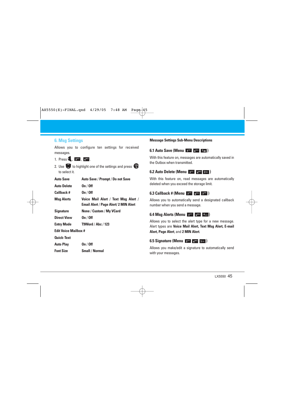 Msg settings | LG LGAX5550 User Manual | Page 45 / 174