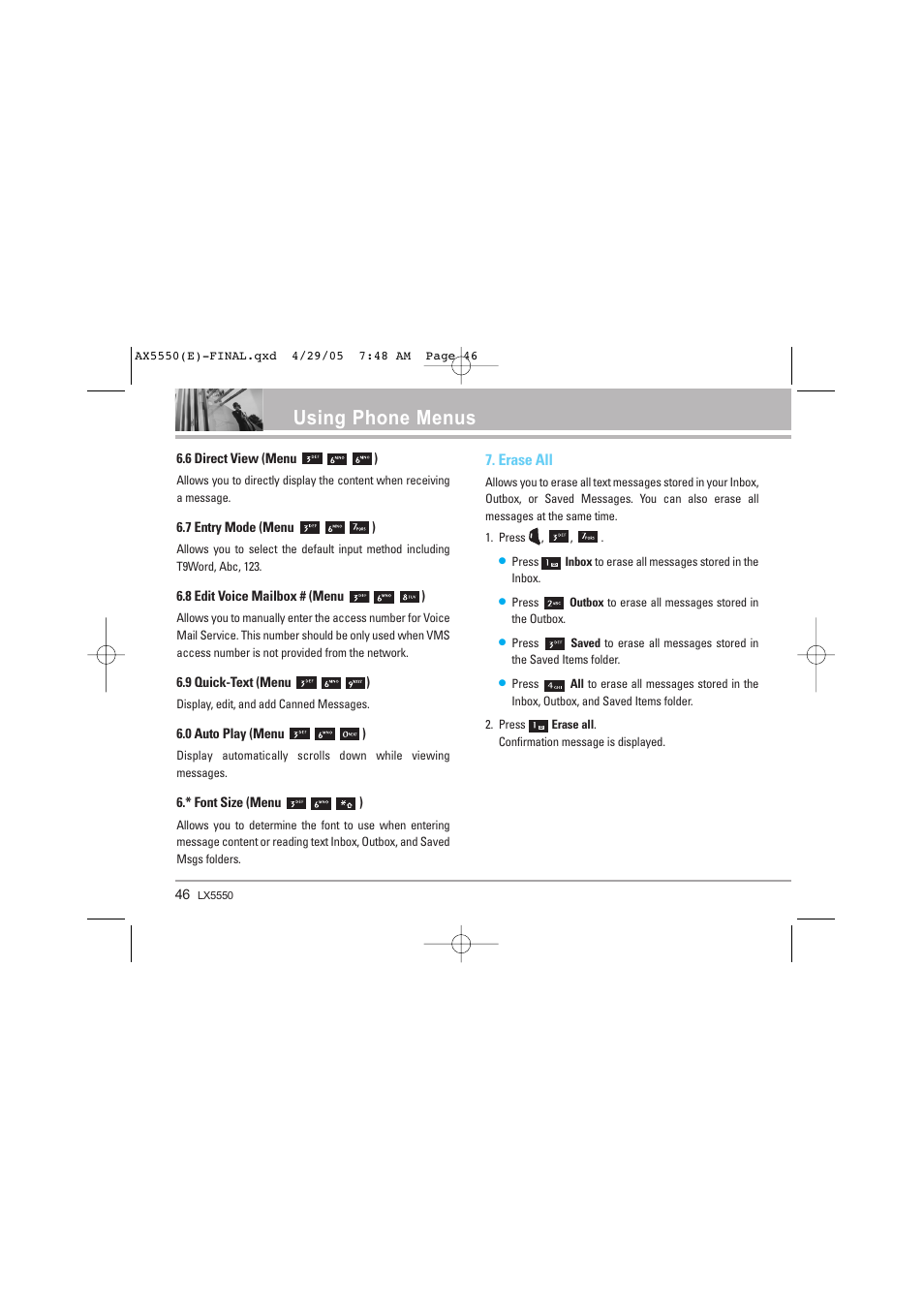 Using phone menus, Erase all | LG LGAX5550 User Manual | Page 46 / 174