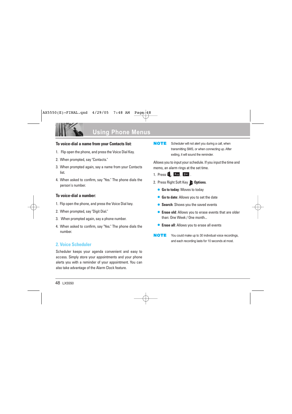 Using phone menus, Voice scheduler | LG LGAX5550 User Manual | Page 48 / 174