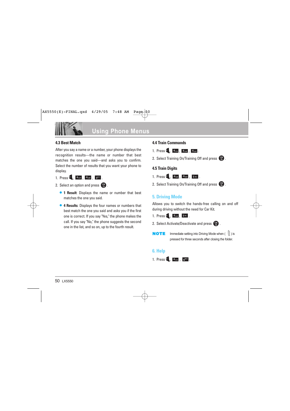 Using phone menus, Driving mode, Help | LG LGAX5550 User Manual | Page 50 / 174