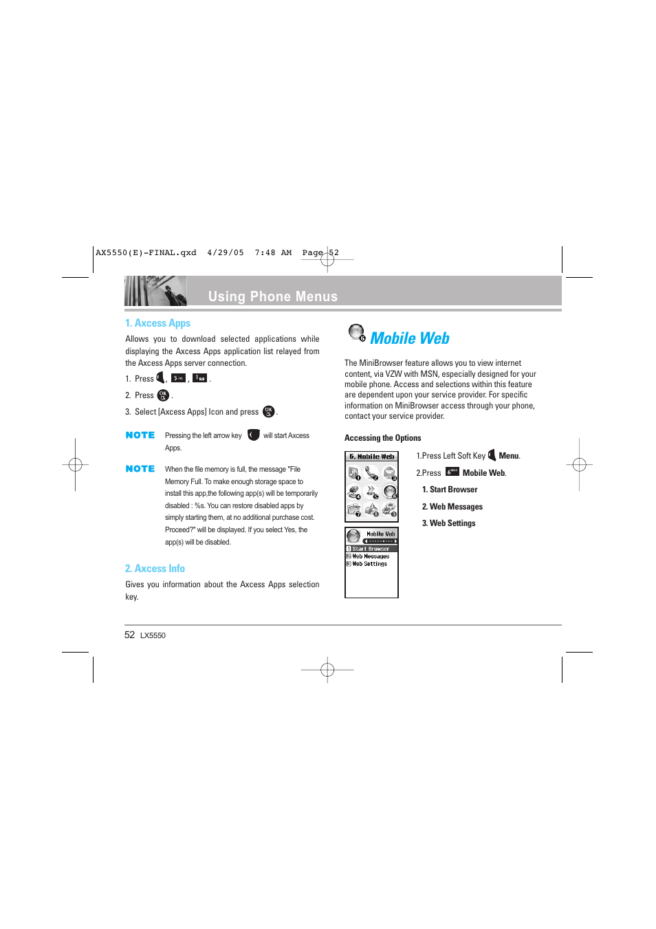 Mobile web, Using phone menus, Axcess apps | Axcess info | LG LGAX5550 User Manual | Page 52 / 174