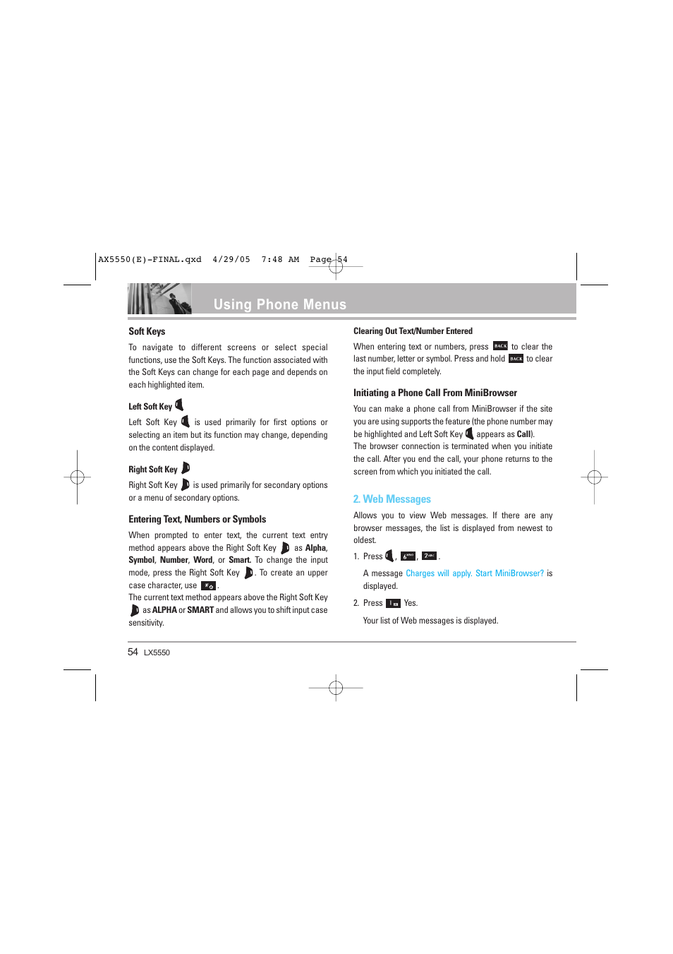 Using phone menus, Web messages | LG LGAX5550 User Manual | Page 54 / 174