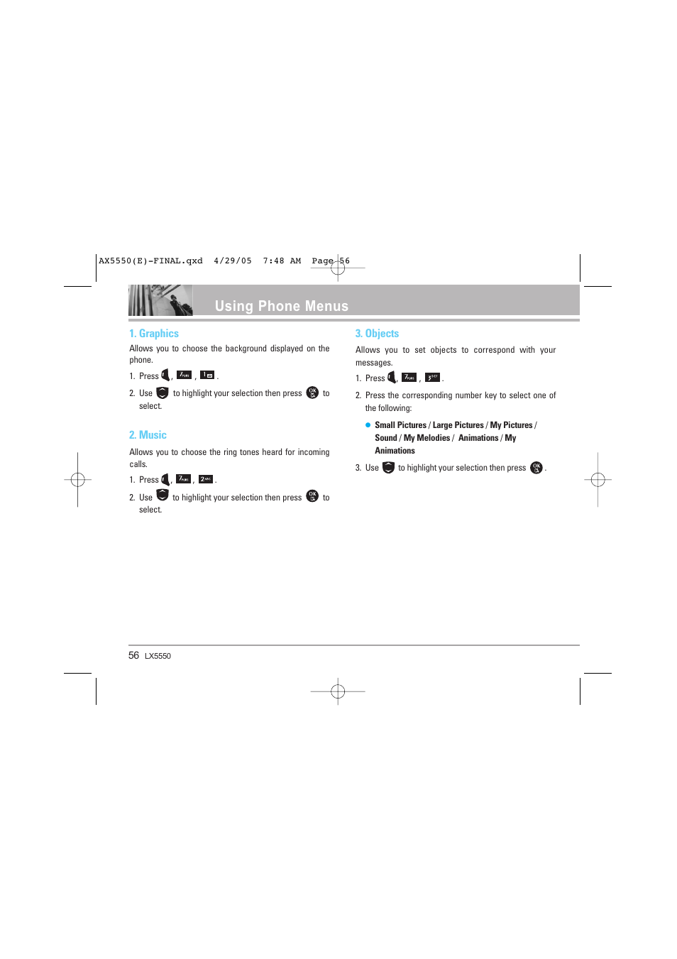 Using phone menus, Graphics, Music | Objects | LG LGAX5550 User Manual | Page 56 / 174