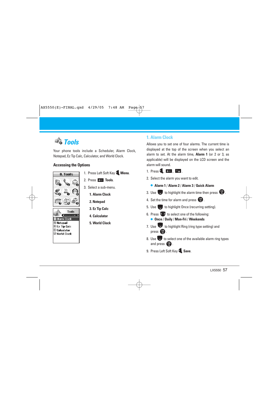 Tools, Alarm clock | LG LGAX5550 User Manual | Page 57 / 174