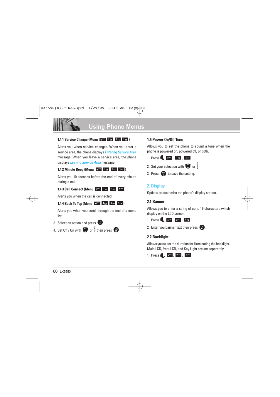 Using phone menus, Display | LG LGAX5550 User Manual | Page 60 / 174