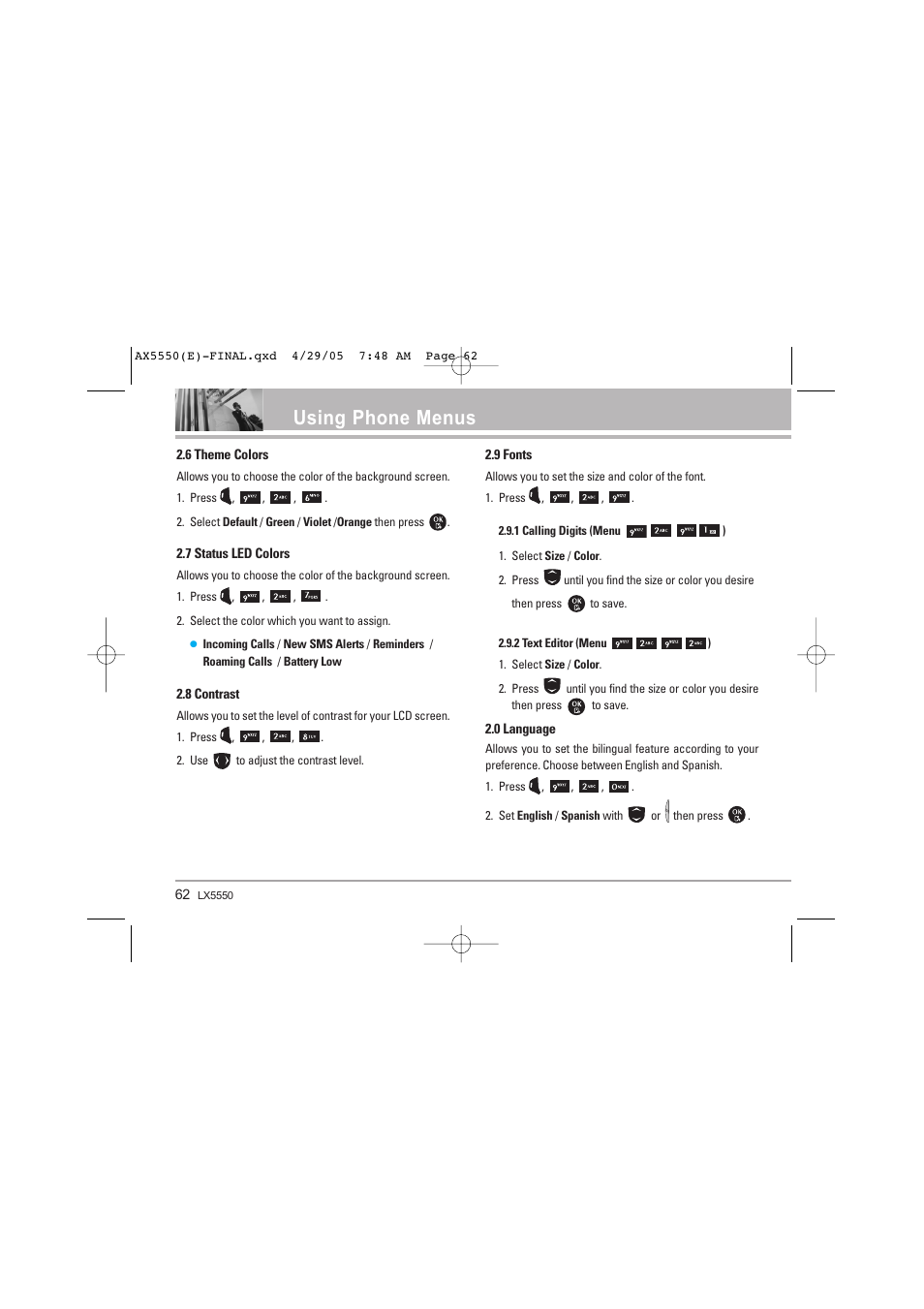 Using phone menus | LG LGAX5550 User Manual | Page 62 / 174