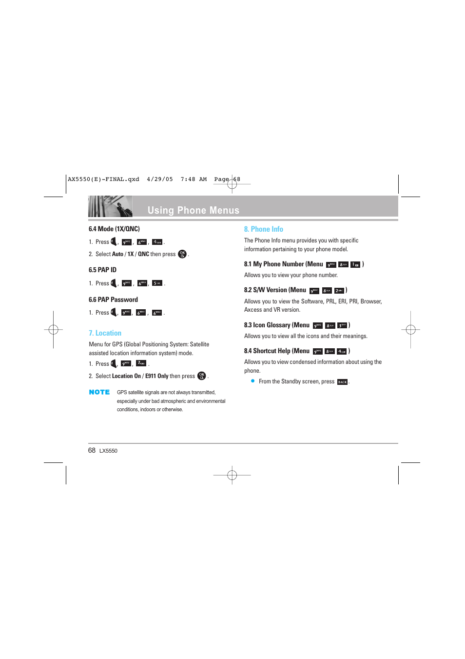 Using phone menus | LG LGAX5550 User Manual | Page 68 / 174