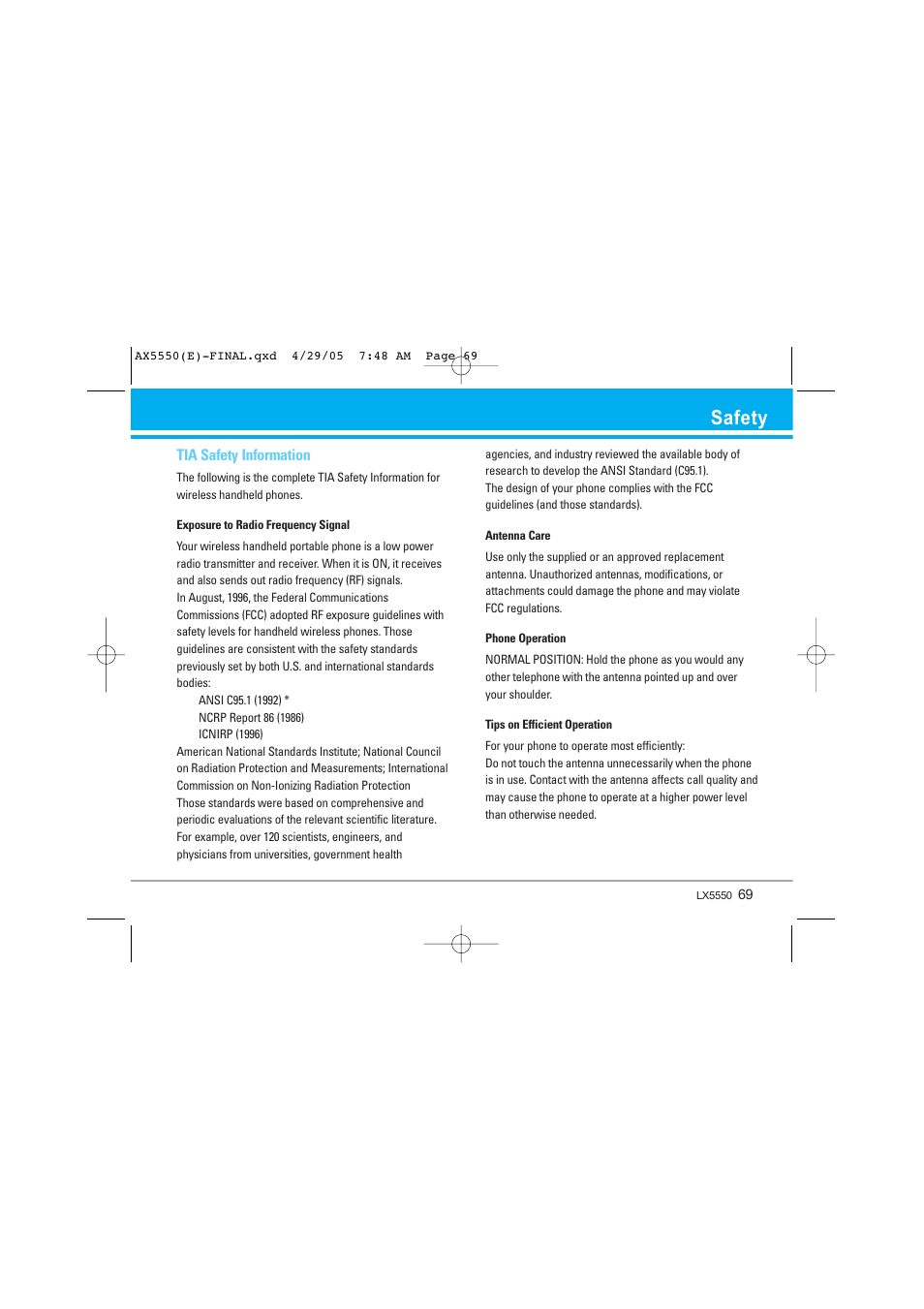 Safety, Tia safety information | LG LGAX5550 User Manual | Page 69 / 174