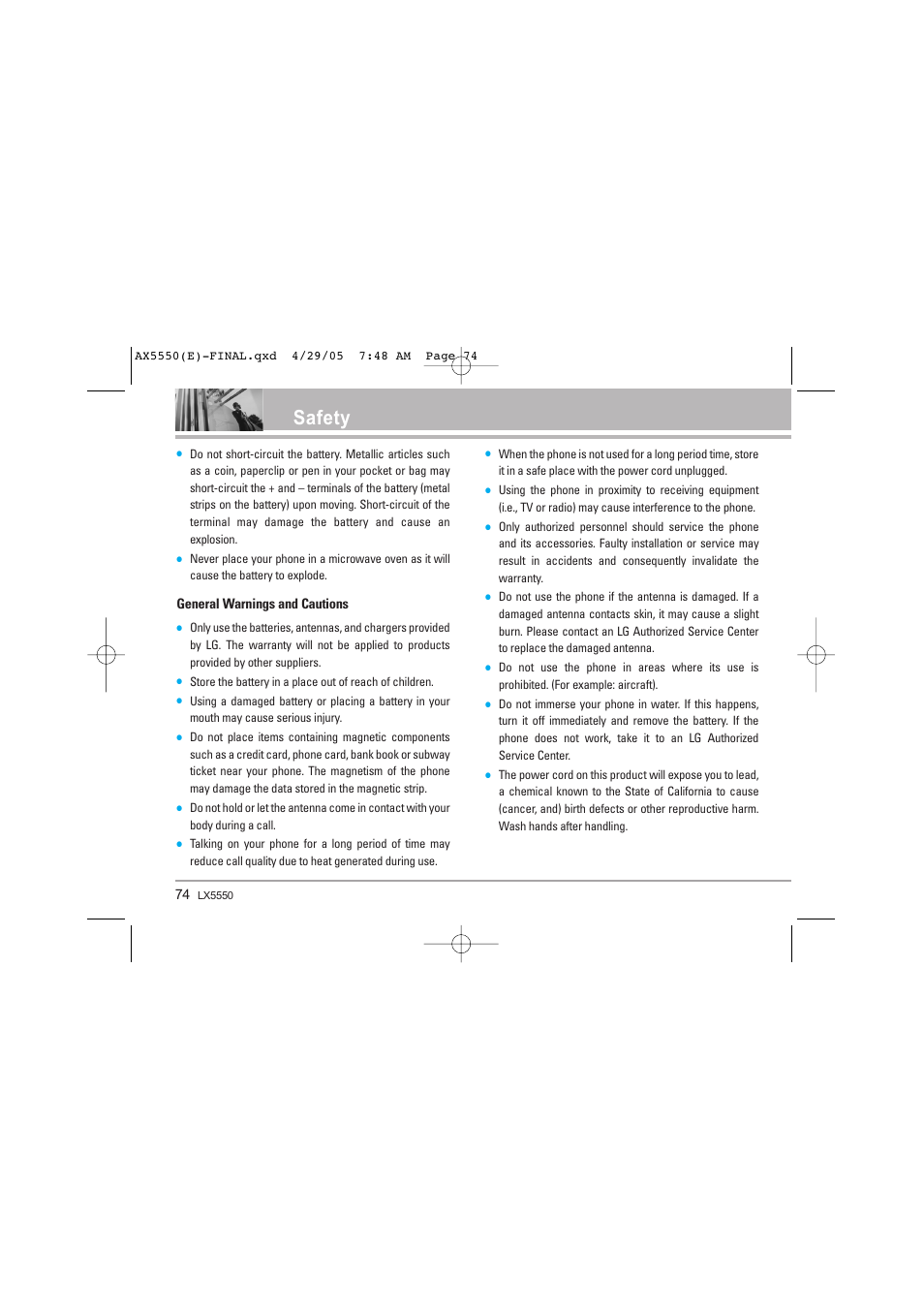 Safety | LG LGAX5550 User Manual | Page 74 / 174