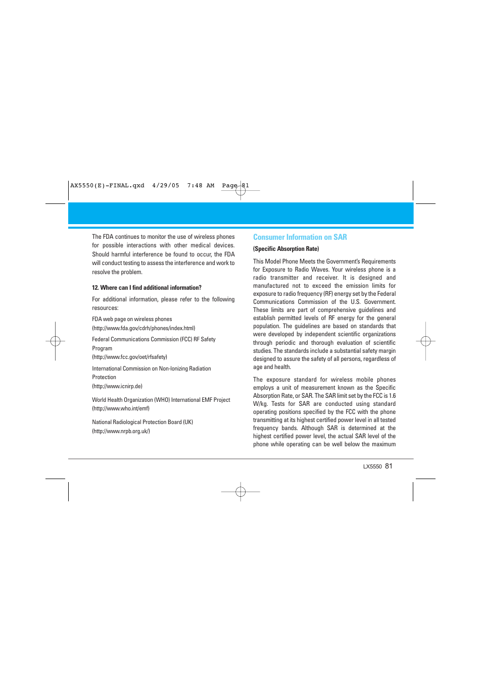 Consumer information on sar | LG LGAX5550 User Manual | Page 81 / 174