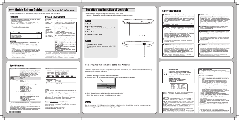 Quick set-up guide, Location and function of controls, Features | System environment, Specifications, Safety instructions, Removing the usb converter cable (for windows), Slim portable dvd writer, Gp40 | LG GP40NB40 User Manual | Page 2 / 2