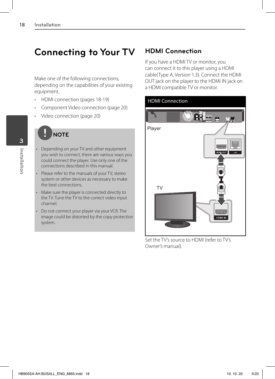 Connecting to your tv, Hdmi connection | LG LHB335 User Manual | Page 18 / 104